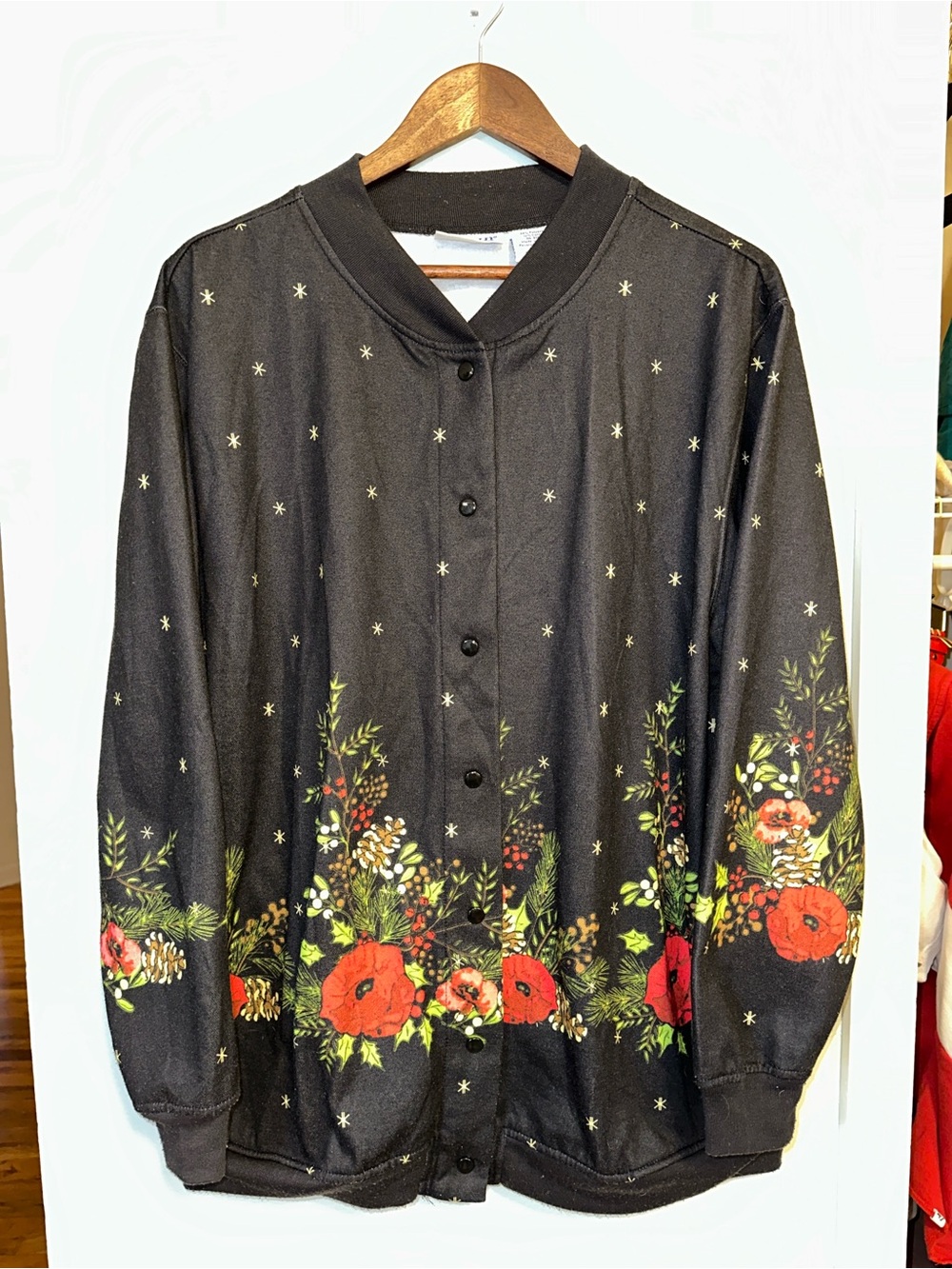 Vintage Blair fleece lined Floral Christmas Bomber Jacket Black size large